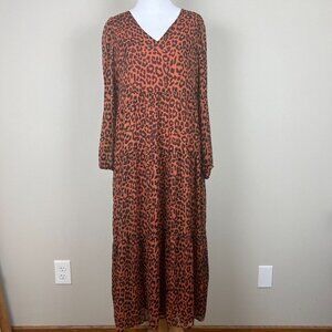 Loft Maxi Dress Womens 10 Brown Black Tiered Leopard Print Sheer Long Sleeve New